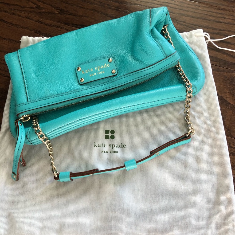 Turquoise pebbled leather fold over chain strap